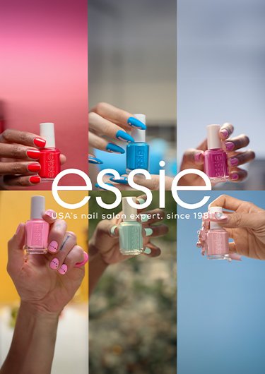 Six bottles of nail polish in summer colors being held by model hands against different settings