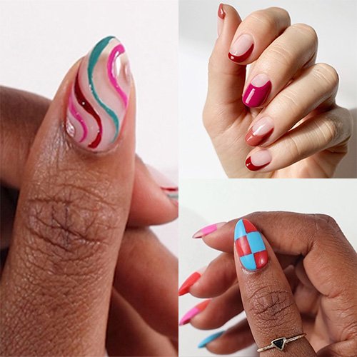 Photo montage of 3 nail art designs on dark and light skin hands: swirled, checkered, colored curves