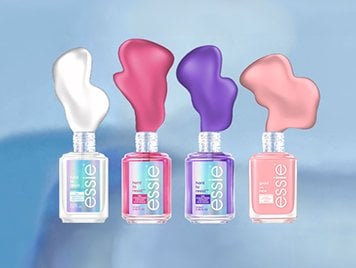 4 bottles of essie nail strengtheners and treatments with white, pink and purple polish puddles