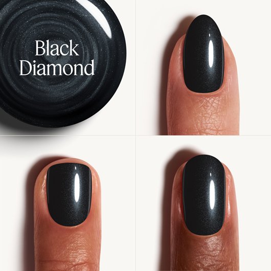 Essie Black Diamond black nail polish shown with 3 different skintones