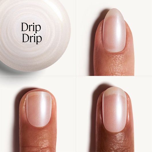 Essie Drip Drip white nail polish shown with 3 different skintones