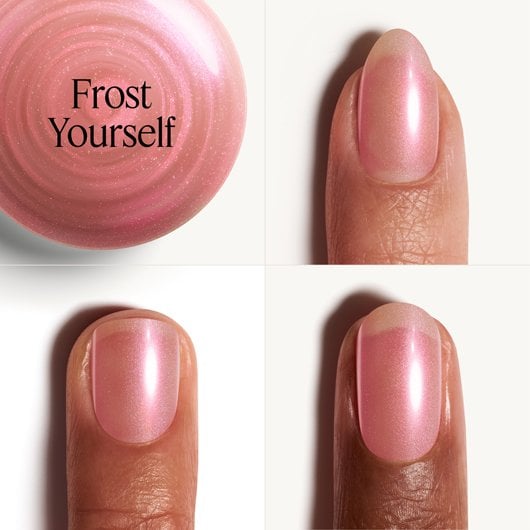 Essie Frost Yourself pink nail polish shown with 3 different skintones