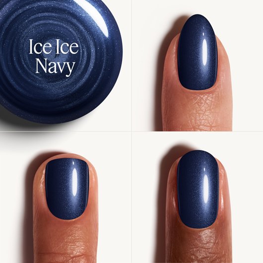 Essie Ice Ice Navy blue nail polish shown with 3 different skintones