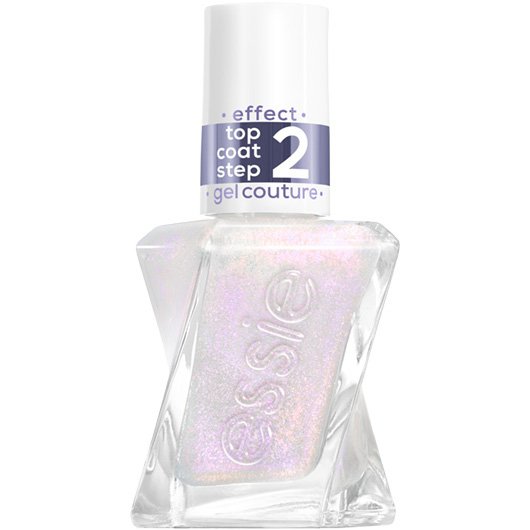 white background with a bottle of the new essie metallic glaze top coat in the shade blushed metal