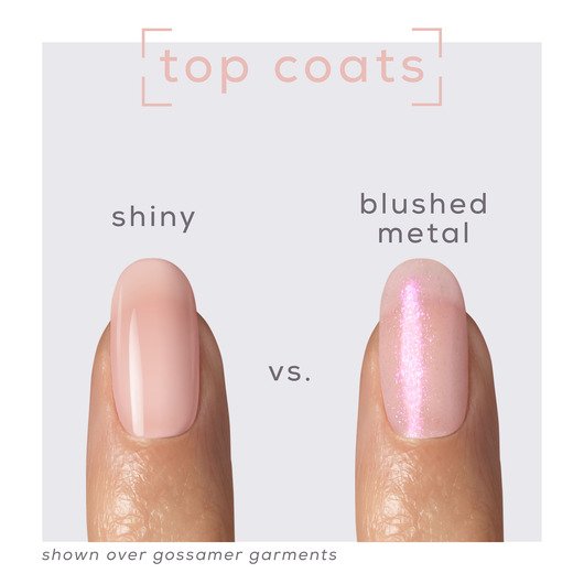 2 nails side by side on light skintone comparing shiny nail polish versus blushed metal shade
