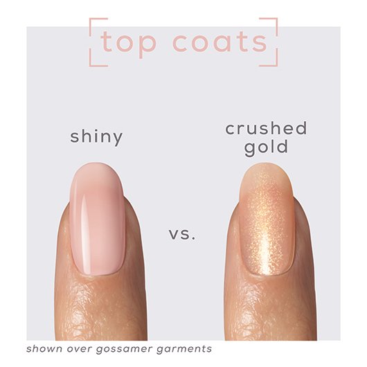 2 nails on light skintone showing a side-by-side comparison of shiny versus crushed gold