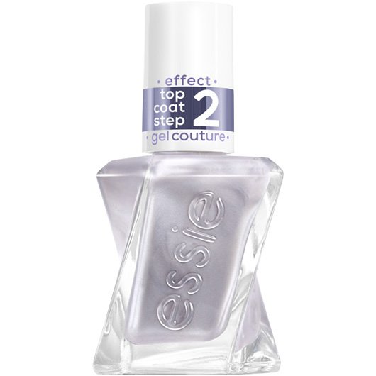 bottle of essie metallic glaze top coat in the new shade glazed chrome on a white background