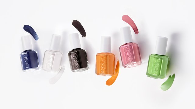 six bottles of essie nail polish with swatches for each shade
