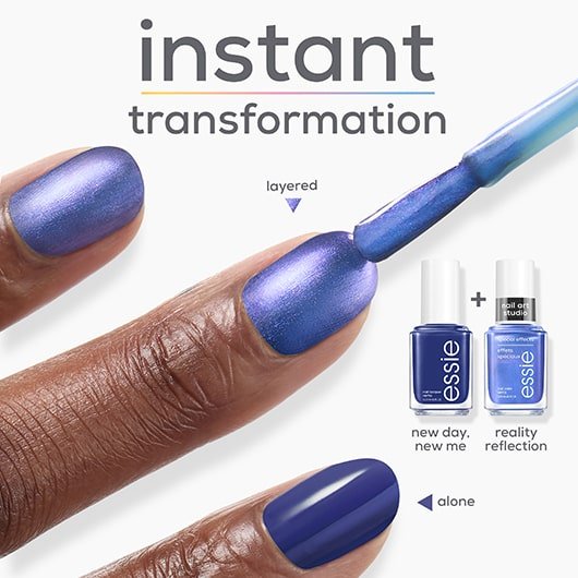 text reading "instant transformation" and blue nails being painted with reality reflection polish