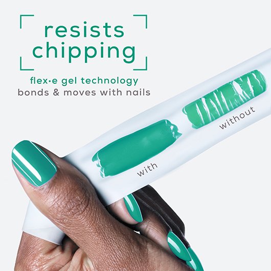 manicured hand stretching out two swatches of dopamine rush with text that reads "resists chipping: flex-e gel technology bonds & moves with nails"